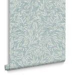 Close-up of rolled Salix Leaves wallpaper highlighting edge and texture on blue-green background