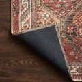 Backside of Loren Spice rug flipped up revealing dark textured backing on hardwood floor