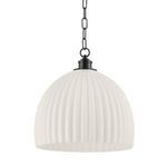 Large old bronze fluted pendant light with rounded dome-shaped white glass shade and hanging chain