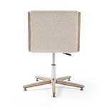 Back view focusing on rectangular padded backrest and wood trim contrast