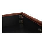 Close-up inside corner of storage compartment showing black interior and metal brackets