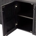 Close-up focusing on tapered dowel legs with smooth black wash finish attached to console.