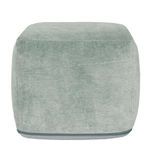 Front view of green velvet pouf showing smooth texture and boxy form