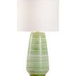 Green and white hand painted striped table lamp with white drum shade and gold leaf base and finial