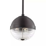Small round pendant light with ribbed dark metal top and clear ribbed glass bottom, three lights inside