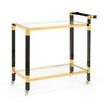 Boulevardier Bar Cart with black acrylic legs, gold stainless steel frame, clear glass shelves, and caster wheels