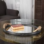 Alligator mirrored tray styled on glass table with two vintage books on top, shot in cozy living room setting