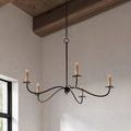 Saxon chandelier hanging with chain and rod visible, five arcing arms extending outward in black finish