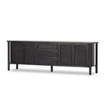 Side profile showing thin rectangular solid mango wood top and round tubular legs on one side.