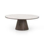 Round white marble coffee table with dark weathered oak cone-tapered base and oak edge banding