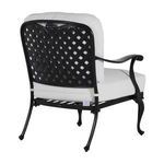 Back view of lounge chair with lattice pattern aluminum frame and white cushions