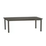 Rectangular outdoor dining table with aluminum frame and slatted tabletop in dark finish