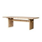 View of the table angled to show leg construction and beam stretcher beneath tabletop