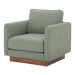 Vernon Accent Chair angled view showing curved armrests and smooth fabric texture with wooden base