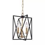 Laszlo 3 Light Pendant with black textured overlapping triangle frames and polished gold candelabra-style lights