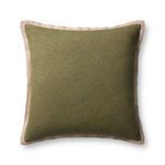 Square light sage green throw pillow with beige flange edges and nubby woven texture