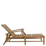 Front view showing slatted seat with flat backrest and armrests in natural teak