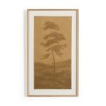 Vertical rectangular artwork of a faded tree silhouette on brown textured canvas with a white oak frame