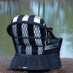 Rear view featuring black and white striped outdoor cushions on the woven swivel glider by a pond