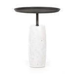End table with polished white turned marble base and round grey-hammered iron tray top