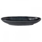 Matte black oval ceramic stoneware platter with smooth rim and slightly raised edges