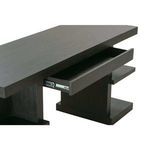 Close-up angled view showing drawer fully extended with smooth charcoal oak finish