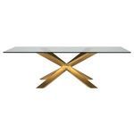 Couture Dining Table with clear rectangular glass top and gold metal base featuring intersecting angled legs