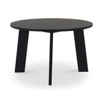 Round black outdoor dining table viewed from a straight-on angle showing table top edge and leg alignment