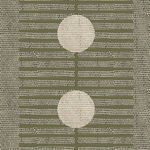 Matte wallpaper with olive green vertical stripes and large off-white circles overlaying small black dot texture