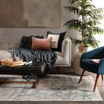 Bardia rug in living room with gray sofa, navy chair, and coffee table styling