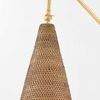 Conical rattan plug-in sconce with tight uniform weave and aged brass J-shaped arm
