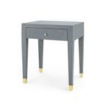 Claudette 1-Drawer Side Table in washed lacquered linen with tapered legs and brass-capped feet