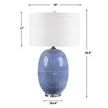 Westerly Blue Table Lamp with dimensions: 30.8 inches tall, shade 18 inches wide by 11 inches high, base diameter 6 inches