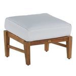 Square teak ottoman with natural wood frame and thick white cushioned top