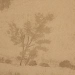 Close-up focusing on a cluster of trees depicted in soft brown tones on fabric canvas