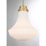 Pendant with white ribbed glass shade and warm brass finish, 17 inches tall and 14 inches wide