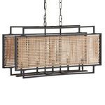 Front view of chandelier showing warm light glowing softly through rattan weave panel