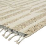 Close-up of ribbed wool pile and fringe detail with striped edge