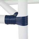 Close-up of white stool leg joint wrapped with navy rattan