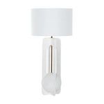 Jae Table Lamp with white plaster wood base, sea salt linen shade, and antique bronze metal fittings