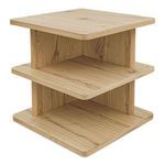 Diagonal angle showing two vertical panels and bullnose-edged shelves of the Casey side table