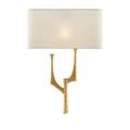 Front view of sconce with textured gold wrought iron base and off-white fabric shade
