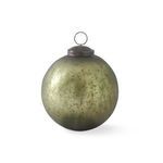 Round 4 inch olive green mercury glass ornament with crackled texture and antique metal cap