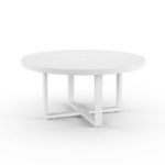 Round outdoor dining table showing side angle highlighting the intersecting sled base design
