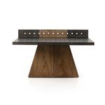 Front view emphasizing trapezoidal wood base and removable dark net attached on top
