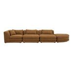 Lowtide Linear Modular Sectional in textured brown fabric with layered cushions and rounded ottoman on right end
