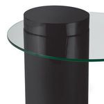 Side view highlighting glossy black cylindrical base supporting clear glass top
