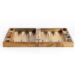 Backgammon board shown from front edge on white background, displaying entire open playing surface and compartments for pi...