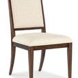 Upholstered dining chair with a high rectangular back and beige fabric, dark classic walnut wood frame