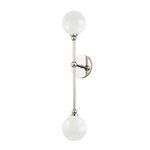 Two-light wall sconce with polished nickel frame and frosted white glass globe shades